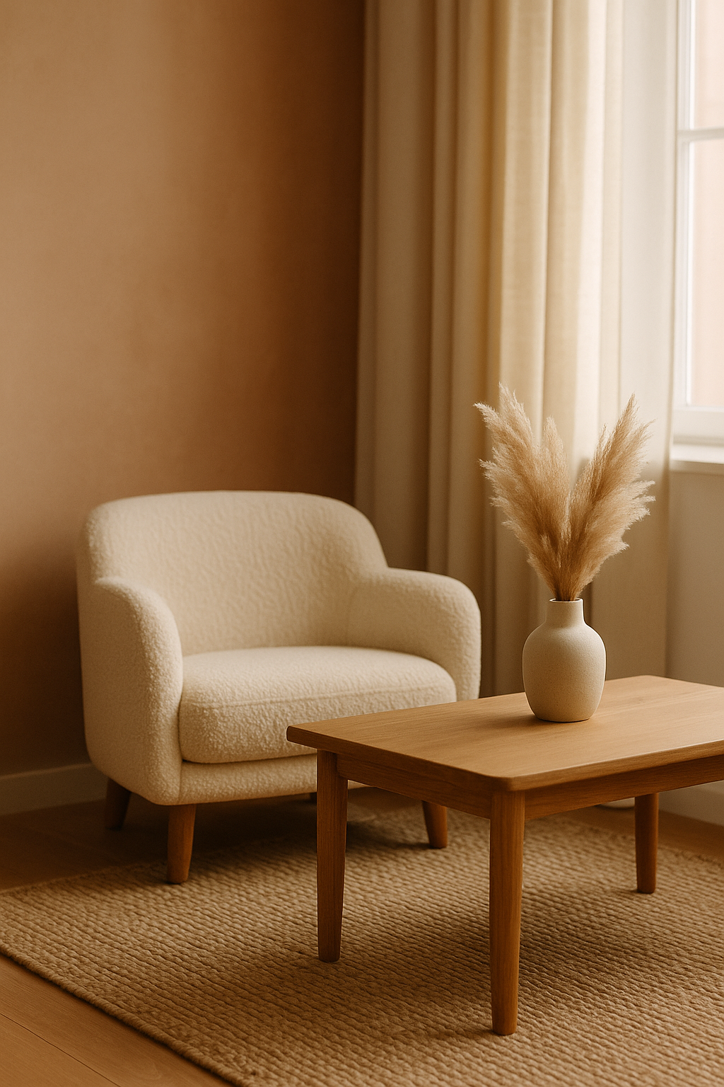 Salon cocooning aux tons terracotta, fauteuil bouclette et table basse en bois